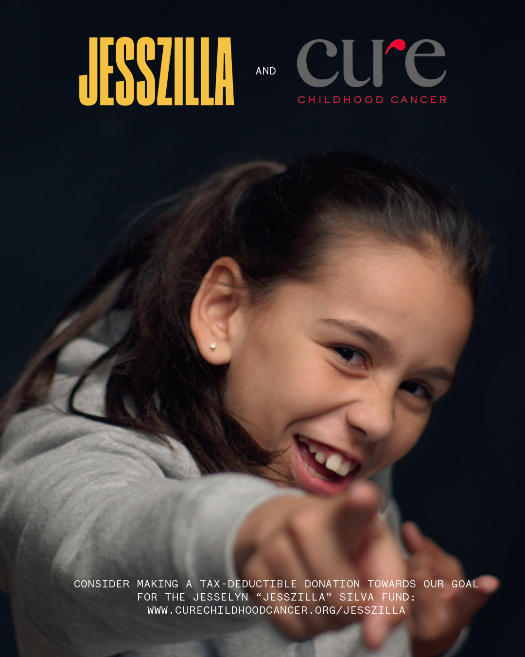 Jesselyn Silva smiling and pointing at the camera, above the JessZilla and CURE Childhood Cancer partnership lockup